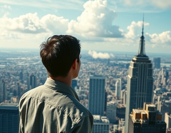 innovative vision leadership, focused, gazing towards the horizon, photorealistic, atop a skyscraper rooftop overlooking a bustling cityscape, highly detailed, moving clouds, 35mm, vivid colors, natural daylight, shot with a wide-angle lens.