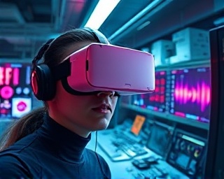 progressive vision leadership, inspired, communicating ideas through VR headset, photorealistic, in a tech lab with futuristic gadgets, highly detailed, holographic visualizations, 28mm, neon colors, dramatic lighting, shot with a fisheye lens.