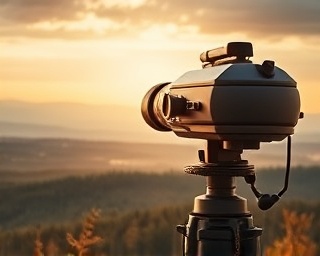 forward-thinking mission goals, visionary, exploring a landscape with a telescope, photorealistic, at a scenic overlook with rolling hills and forests below, highly detailed, distant mountains, 200mm, earthy tones, golden hour lighting, shot with a long-focus lens.