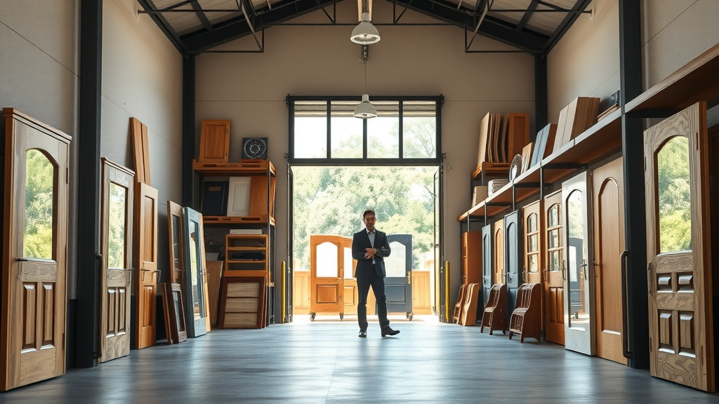 Modern doors manufacturer showroom with diverse wood doors and expert consultant.