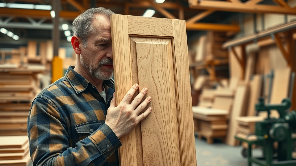 Doors manufacturer craftsman inspecting high-quality oak door panel in workshop.