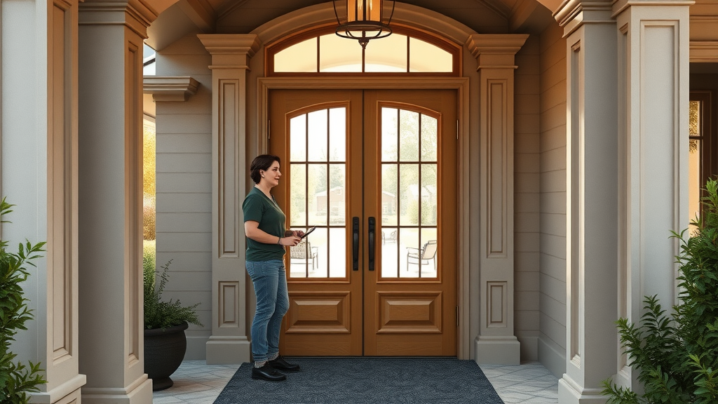 Custom doors manufacturer installation at elegant home entrance with satisfied customer.