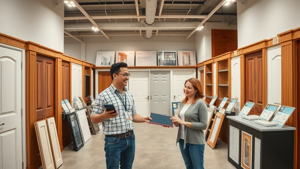 Wide selection at doors manufacturer showroom with customers and knowledgeable staff.