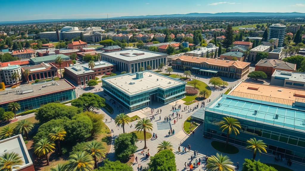 vivid aerial view of UC Irvine campus, bustling student life, reflecting progress and diversity, Photorealistic High Fidelity Lifelike, modern campus architecture surrounded by green spaces and cityscape, highly detailed, dynamic student interactions, blue and green tones, bright natural daylight, shot with a wide-angle lens