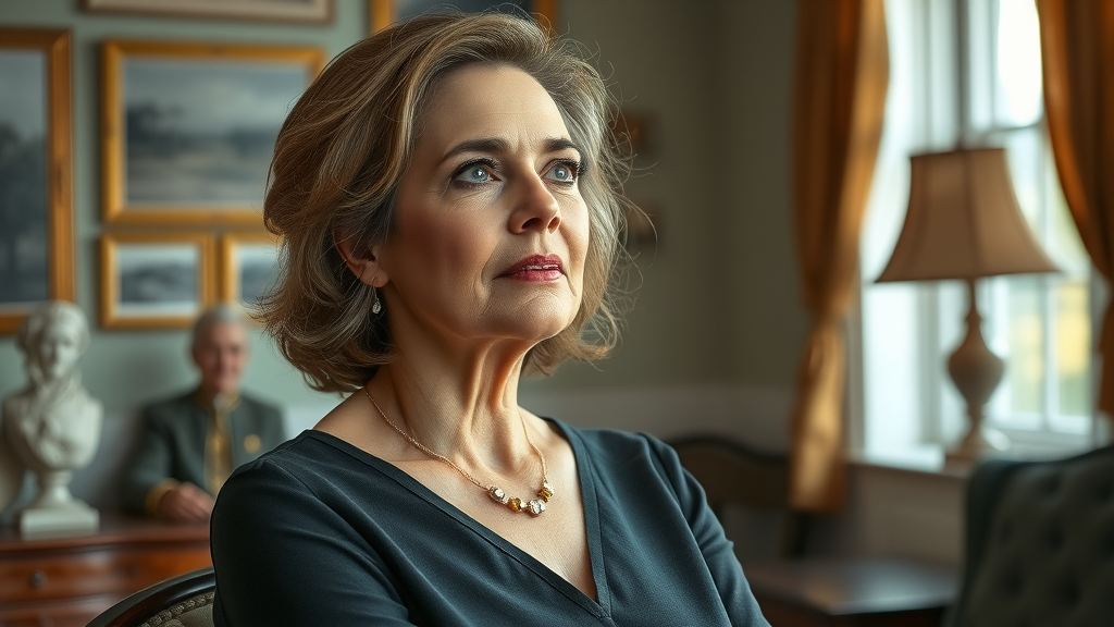elegant portrait of Joan Irvine Smith, thoughtful expression, looking toward the horizon, classic interior with vintage decor showcasing family legacy, natural tones, soft window light, highly detailed