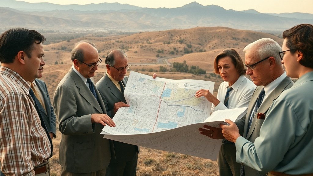 historical scene of 1960s Orange County, city planners and university officials examining maps, collaborative atmosphere, Cinematic, mid-century Southern California landscape with rolling hills, vintage attire, highly detailed, warm morning light
