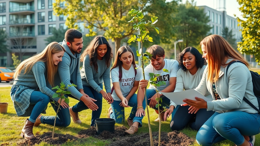 dynamic college and urban community partnership, students and residents planting trees and discussing plans, action-oriented, city park near campus with modern buildings, highly detailed, vibrant colors, collaborative body language, afternoon sun