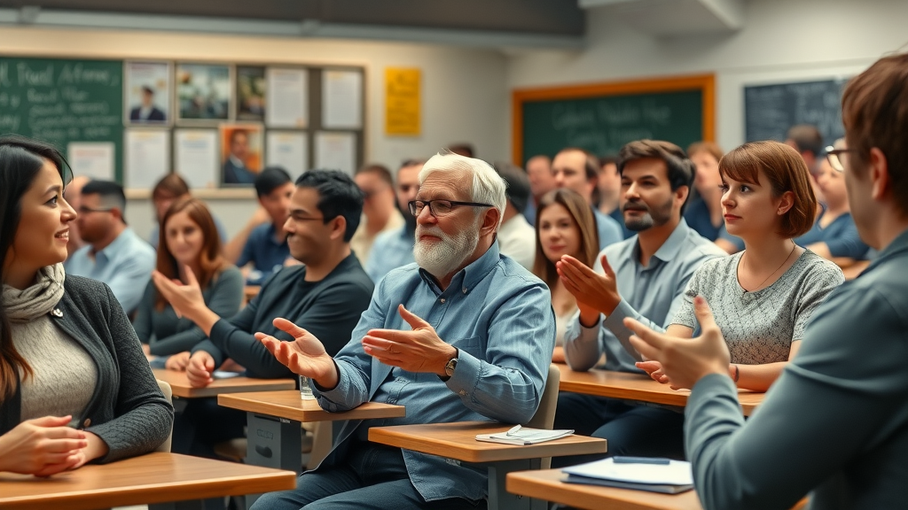 engaged faculty and students in a lively classroom debate, expressive participation, lecture hall with academic posters and chalkboard, highly detailed, hands gesturing thoughtfully, neutral colors, soft overhead lighting