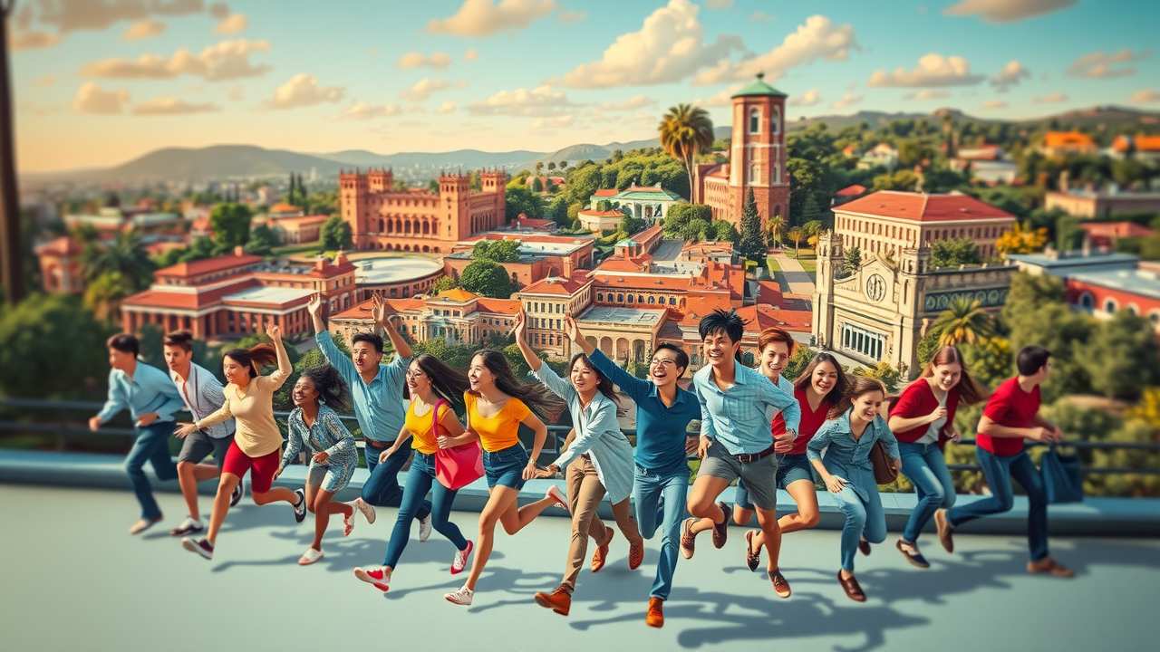 retro-inspired collage of UC Irvine throughout the decades, energetic students, evolving style, historic milestones set against iconic campus landmarks, vintage color palette, lively movement