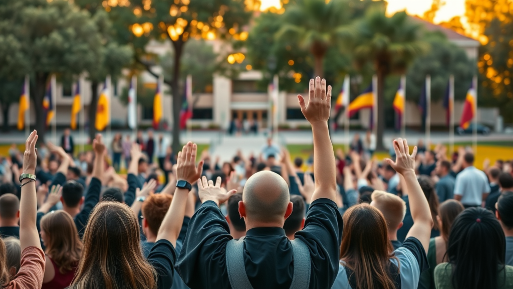symbolic gathering at UC Irvine, students and faculty celebrating with raised hands, inspirational, campus quad with university flags and mature trees, highly detailed, celebratory confetti or banners, harmonious mix of school colors, golden hour lighting