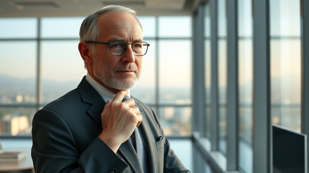 confident elderly businessman donald bren leadership and philanthropy standing in modern office with Orange County panoramic window background