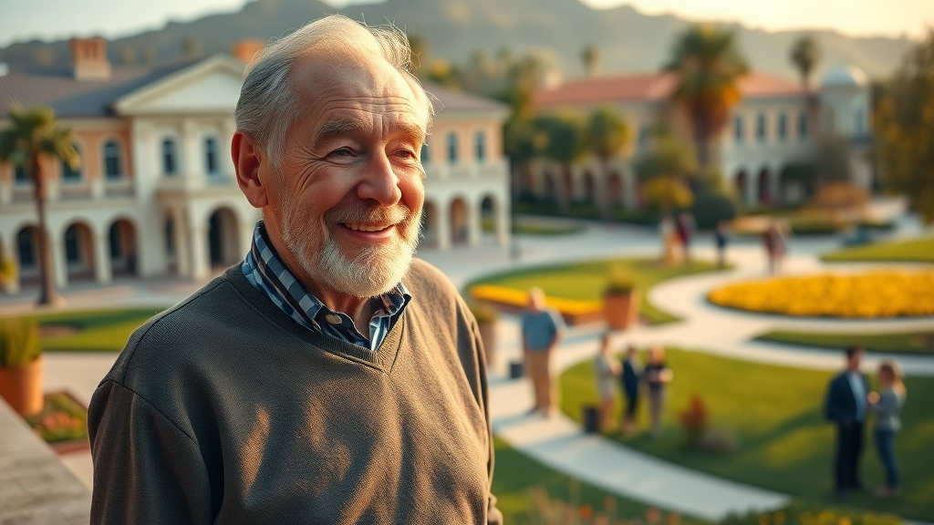 visionary elderly man Donald Bren leadership and philanthropy standing by thriving university campus and park UCI