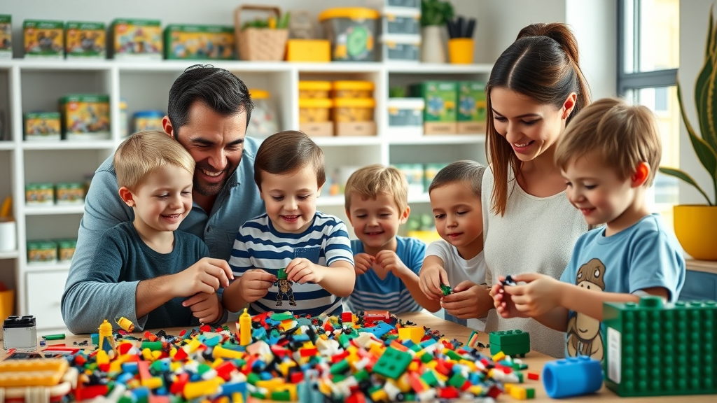 Family sorting LEGO bricks together highlighting buy lego parts online experience.