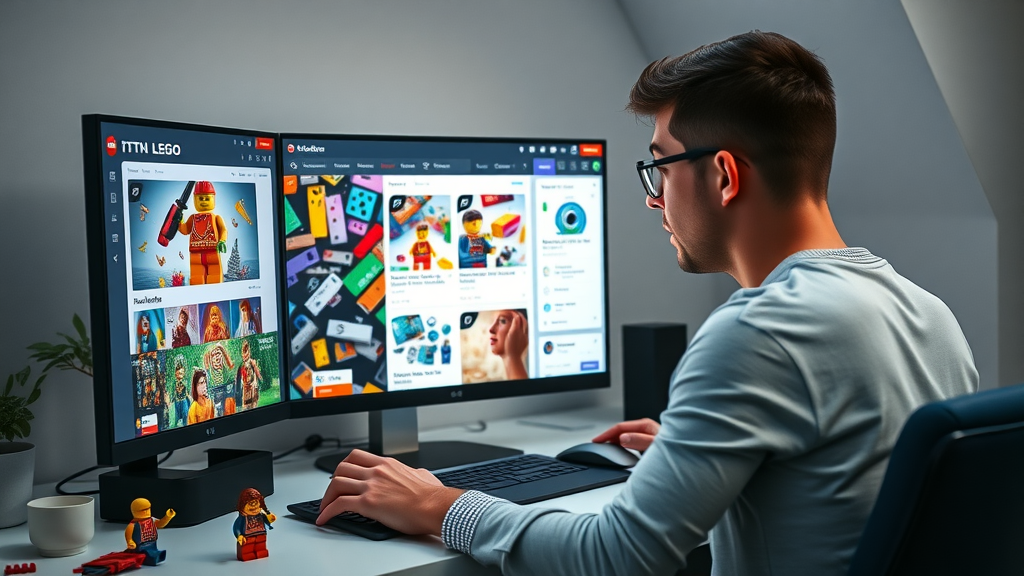 Online LEGO parts marketplace on screen, buy lego parts online search concept.