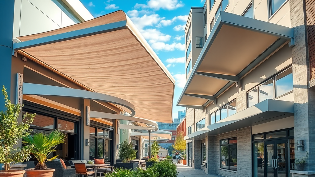 Modern residential and commercial awnings shading patio and storefront.