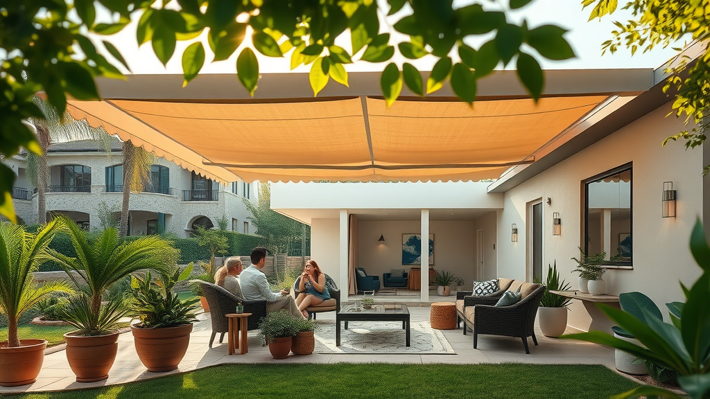 Residential awning provides stylish shade in modern backyard patio setting.