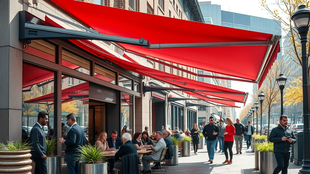 Commercial awnings shading busy urban café enhance curb appeal and comfort.