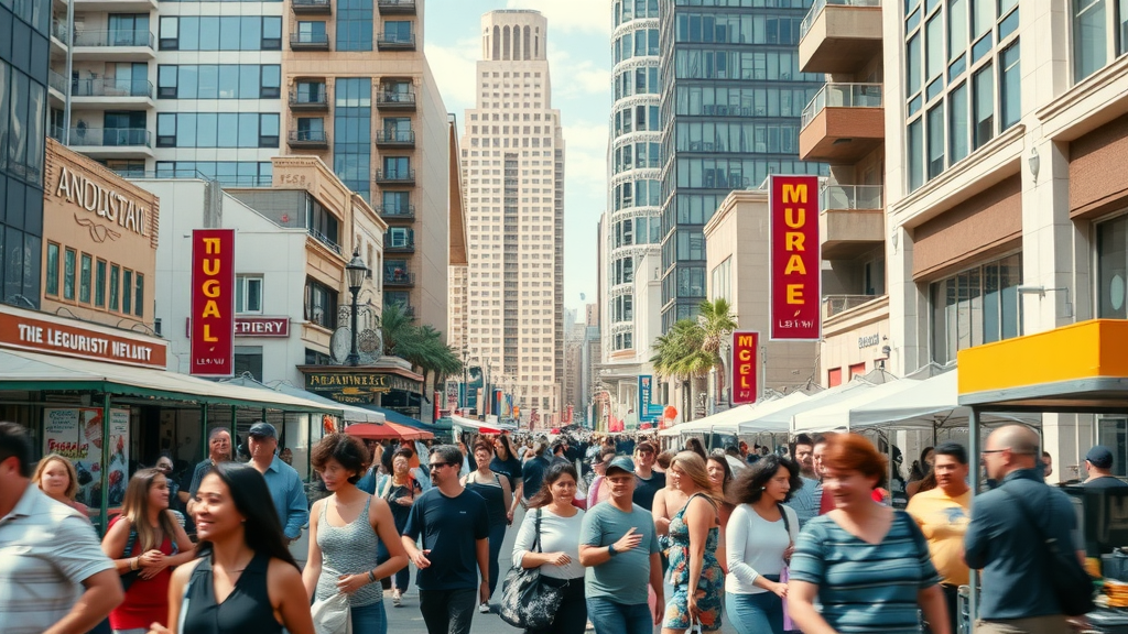 Downtown San Diego vibrant street scene influenced by the invine company.