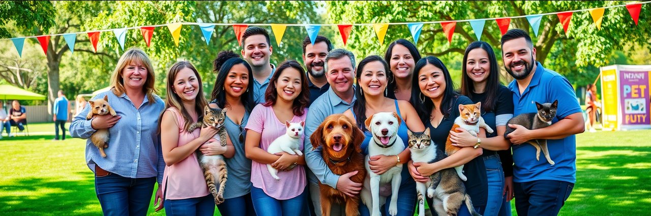 Irvine pet photo fundraiser event with happy owners and pets in a sunny park.