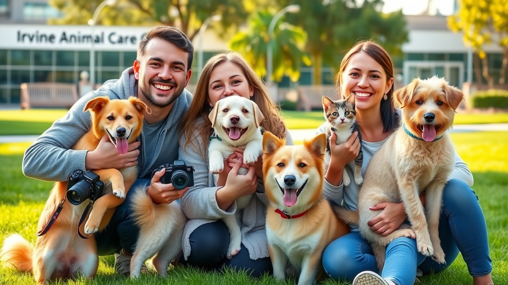 Happy Irvine pet owners and pets at irvine pet photo fundraiser outdoors