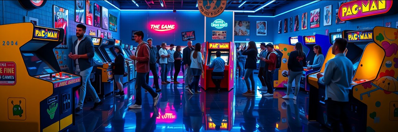 Lifelike retro arcade with a Pac-Man machine, neon lights, excited gamers.