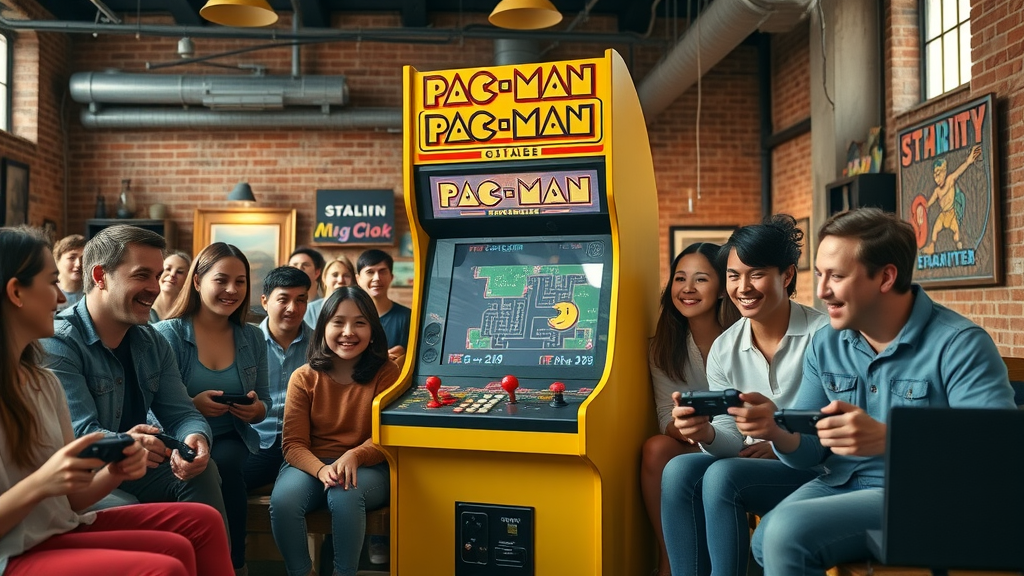 Retro PAC-MAN arcade scene at Great Park Arts Irvine, gamers enjoying exhibition
