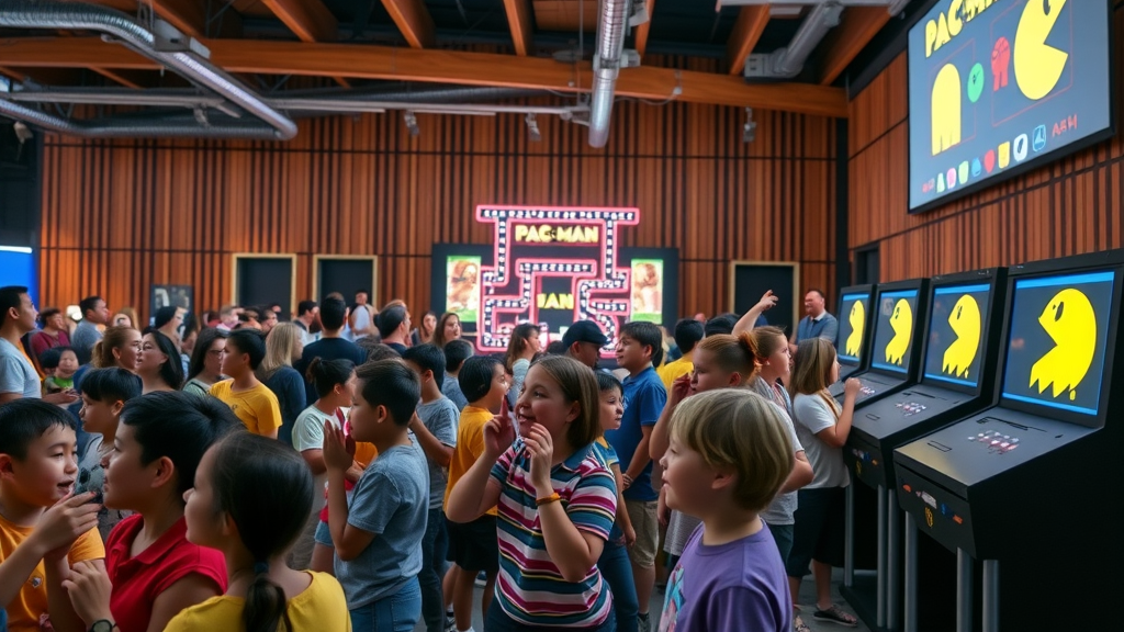 Families play PAC-MAN on giant screen at Irvine Great Park Arts event