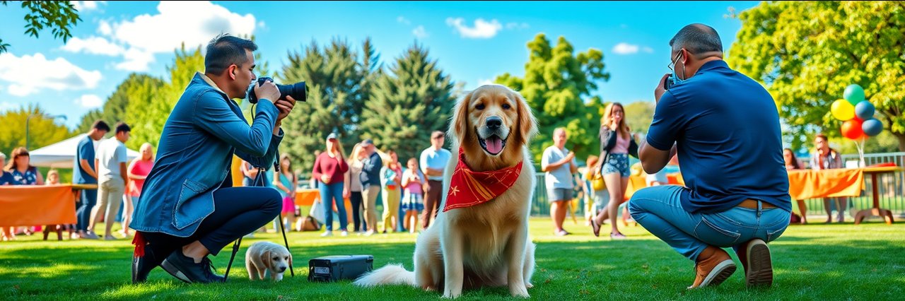 Irvine pet photo fundraiser event with dogs, families, and photographer in sunny park