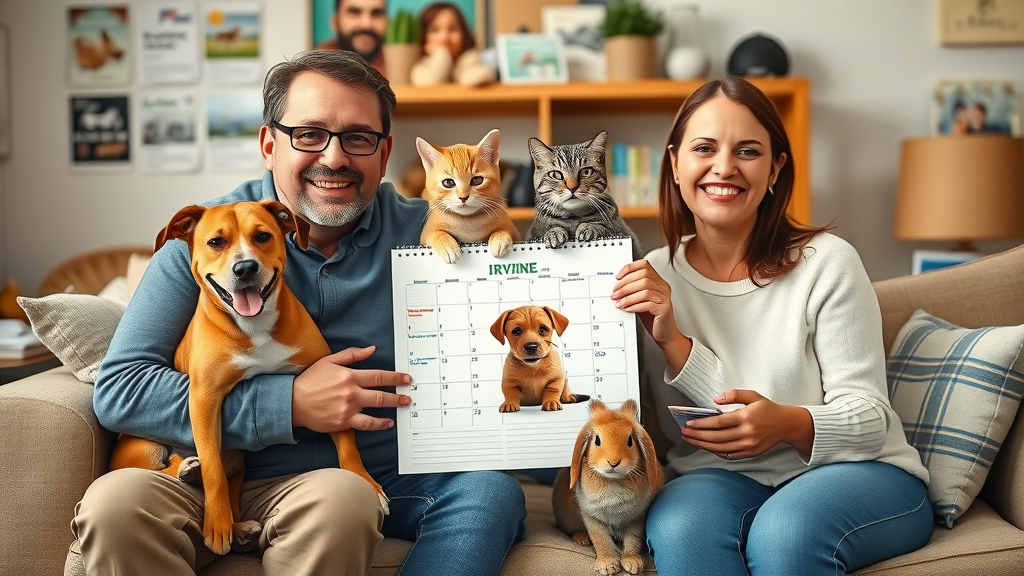 Family celebrating Irvine pet photo fundraiser with pets and calendar in living room