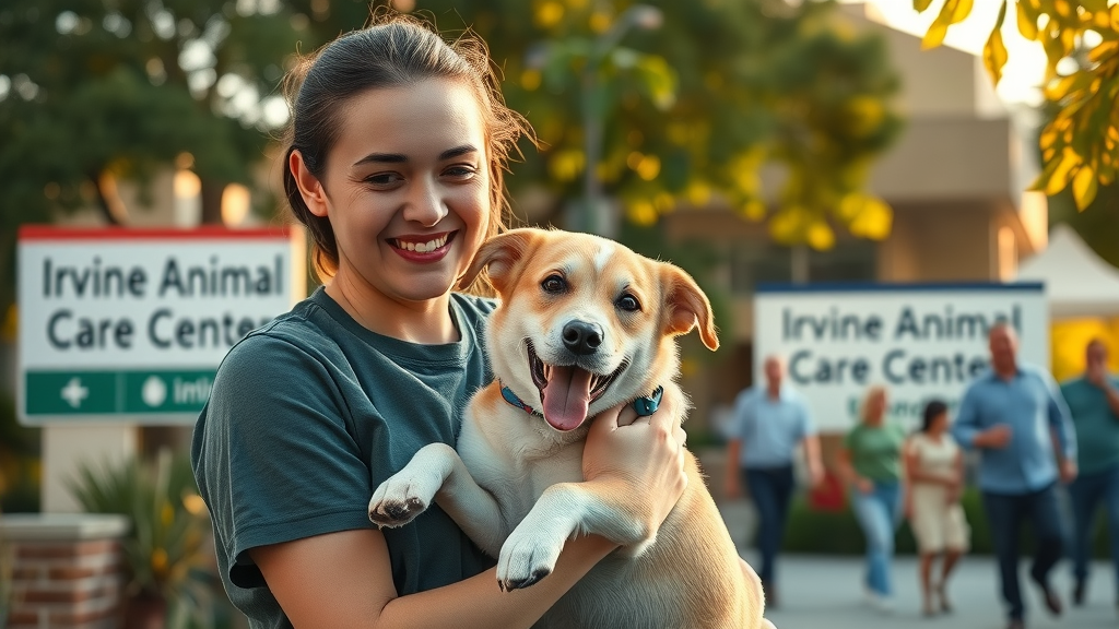 Volunteer at Irvine Pet Photo Fundraiser cuddling rescue dog at animal care center