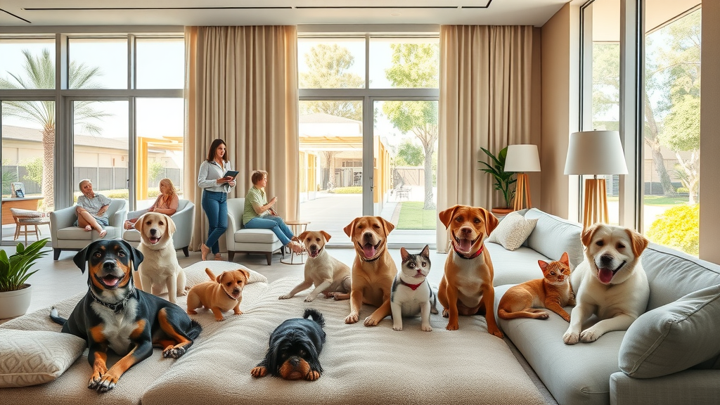 Happy pets enjoying luxury pet resort suites with caring staff and play areas