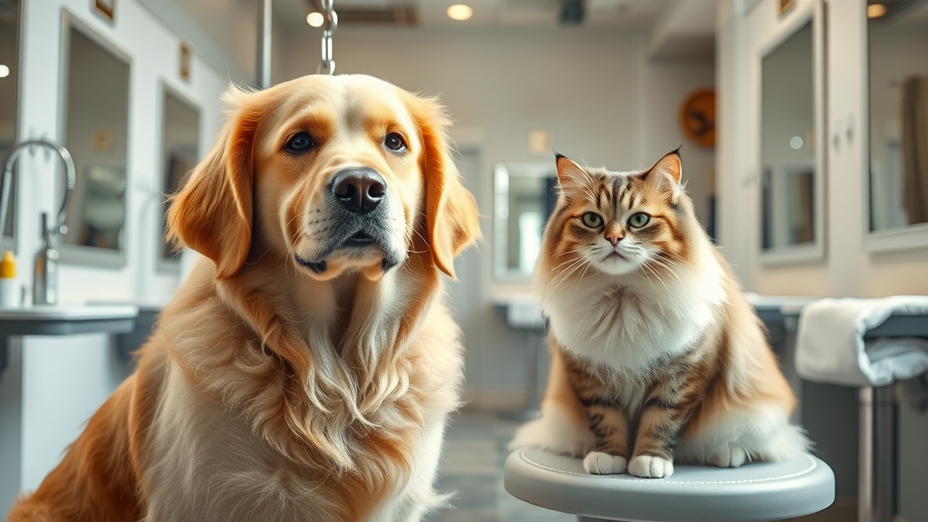 Pet resort grooming area with content dogs and cats after premium care
