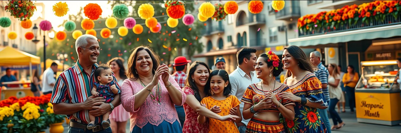 Hispanic Heritage Month celebration with festive group in traditional clothing outdoors