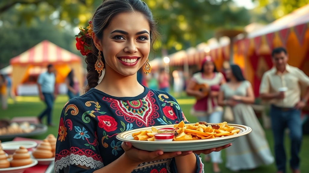 Smiling woman at Hispanic Heritage Month Fiesta Latina en Irvine holding Latin food.