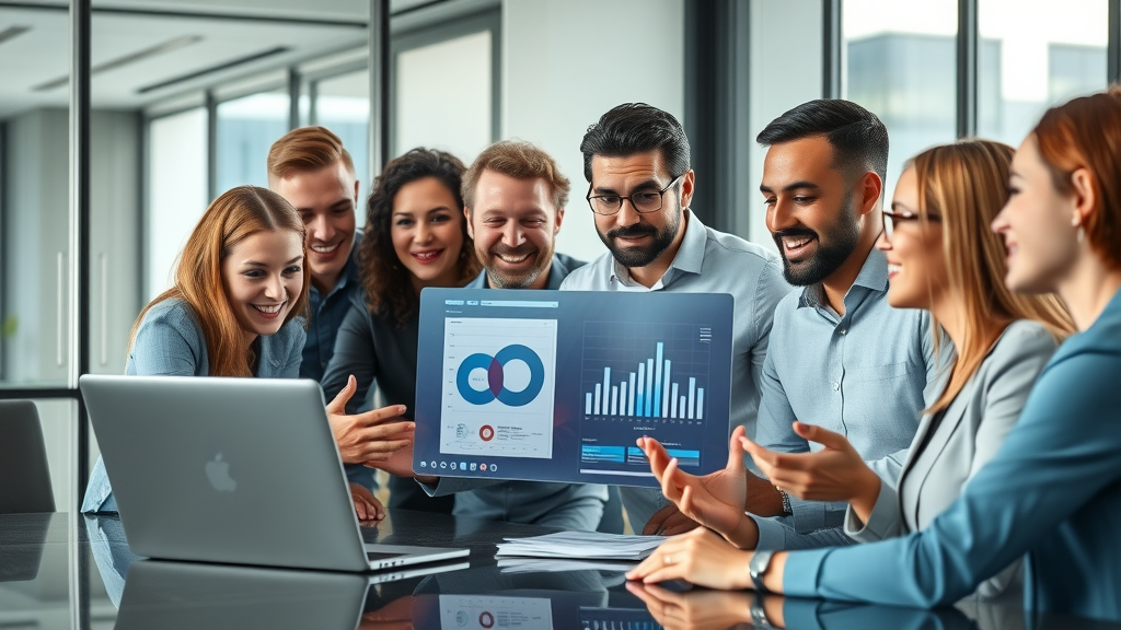 Team of small business owners discussing AI integration strategies with digital charts and technology in a bright modern office - small business &amp; ai integration