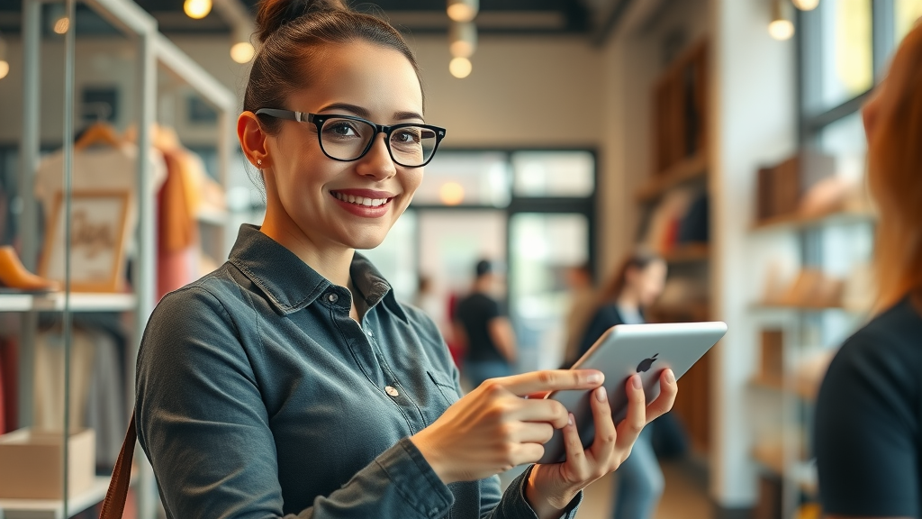 Optimistic small business owner overseeing operations using AI dashboard tablet - small business &amp; ai integration