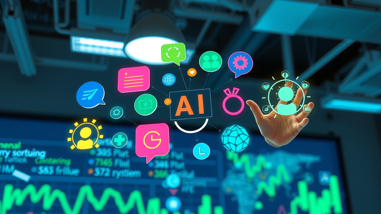 Colorful icons representing top AI tools for small business &amp; ai integration floating over a digital workspace