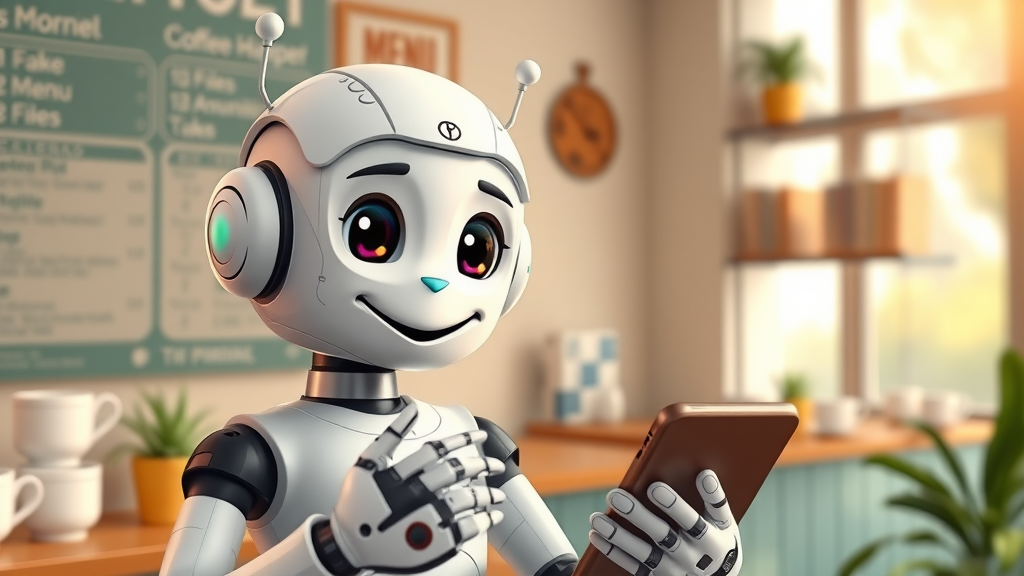 Friendly digital AI chatbot helping a customer via smartphone in a local cafe - small business &amp; ai integration