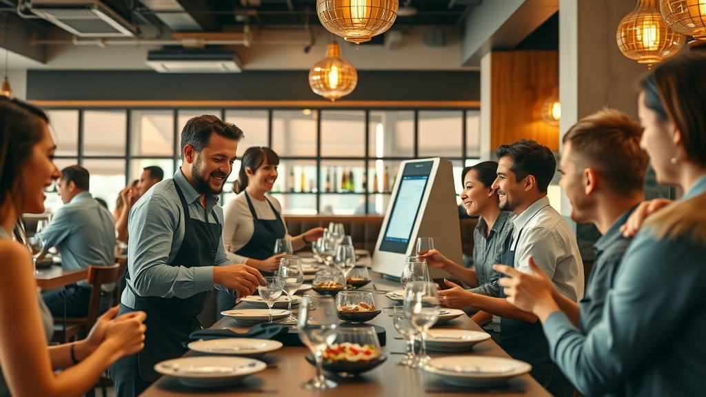 Dynamic restaurant scene with staff and customers interacting with AI-enabled self-reservation kiosk - small business &amp; ai integration