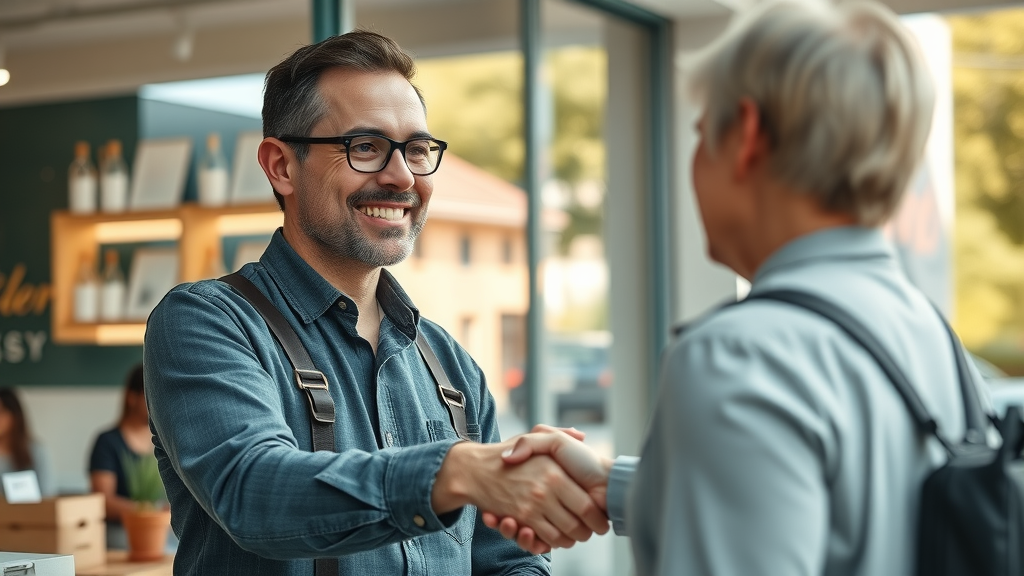 Trustworthy small business owner explaining AI privacy policy to a customer in a bright storefront - small business &amp; ai integration