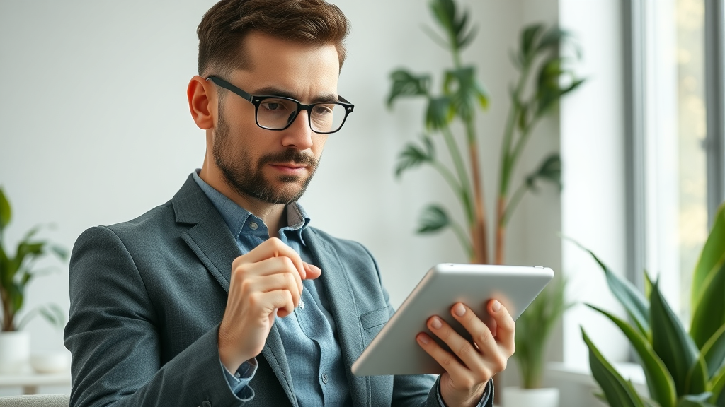 Motivated business owner checking steps on AI integration checklist on tablet in a modern office - small business &amp; ai integration