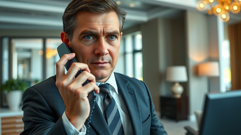 Anxious executive in elegant office concerned about missed business calls