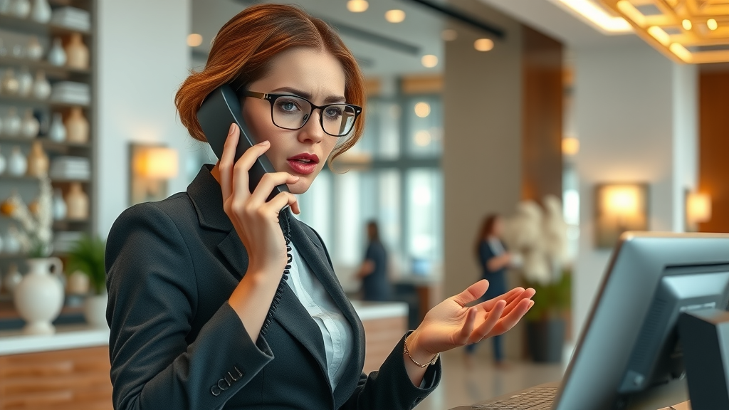 Busy receptionist multitasking risking missed business calls and compromising luxury client experience