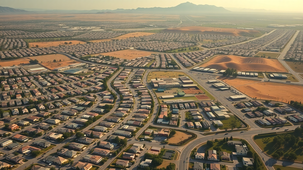 dynamic aerial view, Southern California landscape, new suburban development emerging, 1960s cars and homes, Cinematic, vast expanse showing grid layouts and parks, highly detailed, movement of people and changing landscape, warm sunlight, light haze.