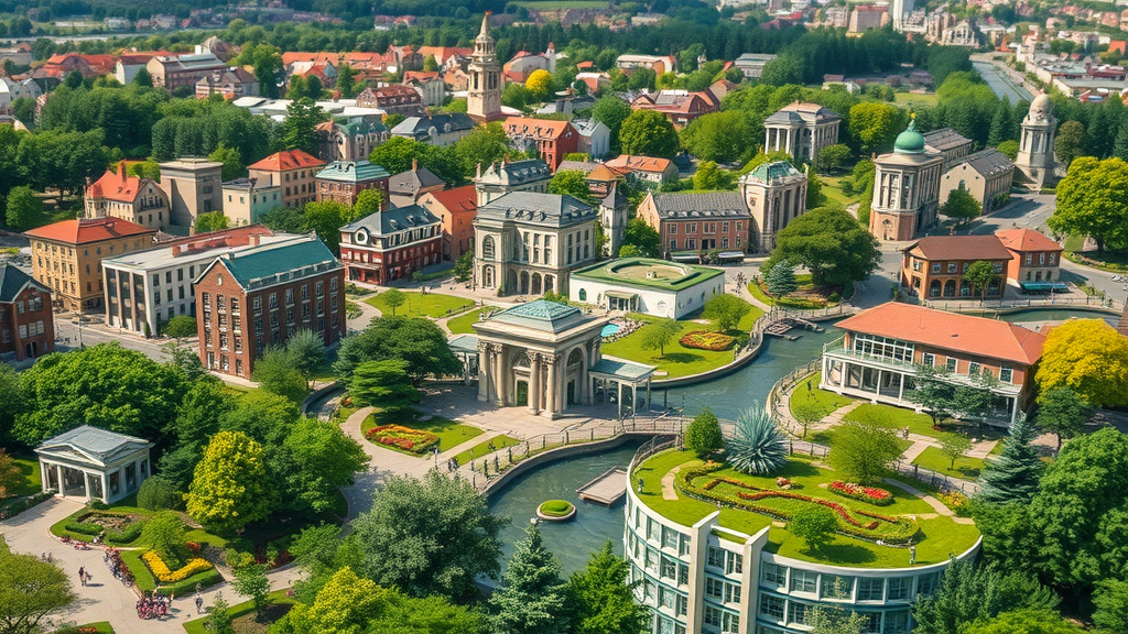 harmonious cityscape with parks, businesses, and homes, vibrant community vibe, people interacting, lush green spaces integrated with modernist buildings, highly detailed, birds and flowing water, balanced natural lighting.