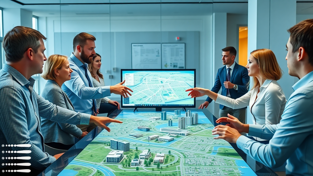 forward-thinking urban planners and executives, animated discussion, pointing at detailed city maps, Photorealistic High Fidelity Lifelike, conference table with digital screens and scale models of Irvine, cool blue and green color accents, bright indoor lighting.