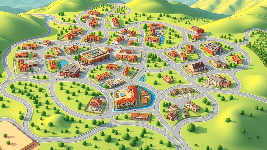 colorful map illustration, conceptual urban layout of Irvine Ranch master plan, winding roads, zoned green areas and community hubs, highly detailed, icons representing homes and shops.