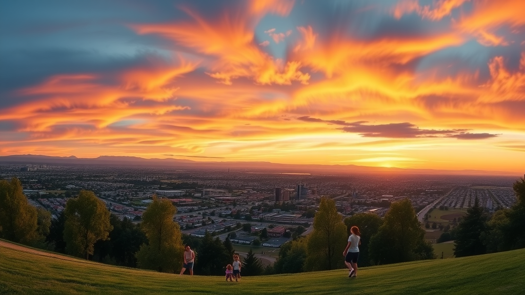 vibrant sunset over Irvine, sprawling city blending with nature, families enjoying a community park, highly detailed, dramatic sky with city lights illuminating, golden-orange hues, panoramic view.
