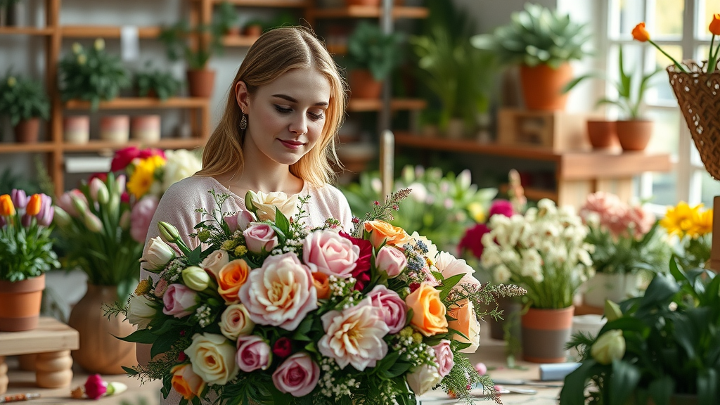 Talented florist arranging vibrant fresh flowers in a sunlit studio workspace
