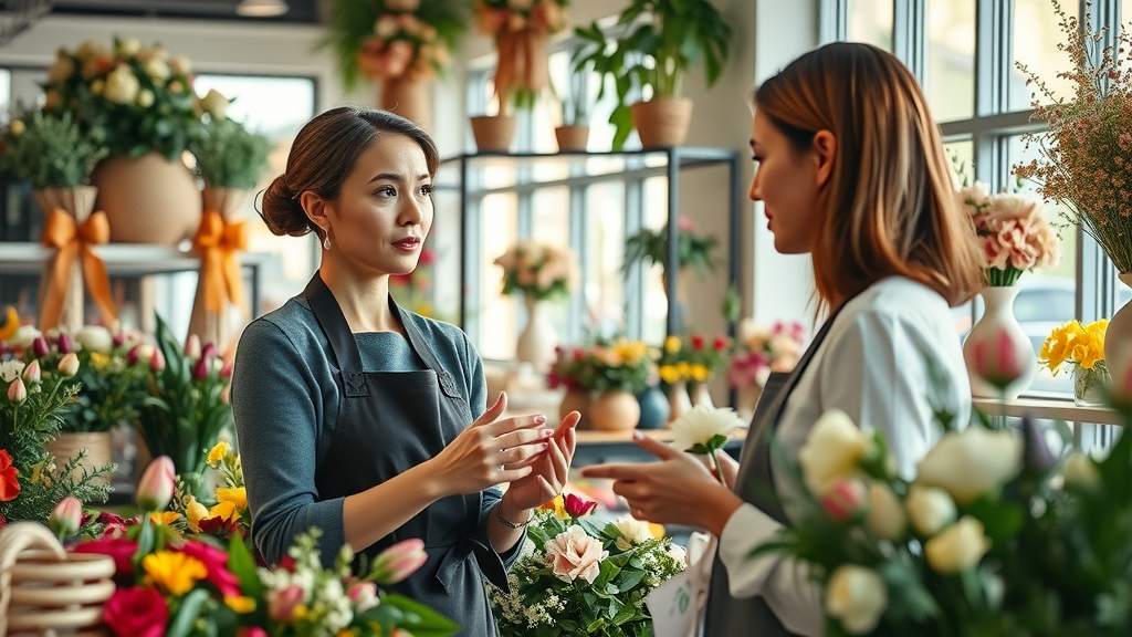 Florist guiding customer in bright shop with colorful floral arrangements